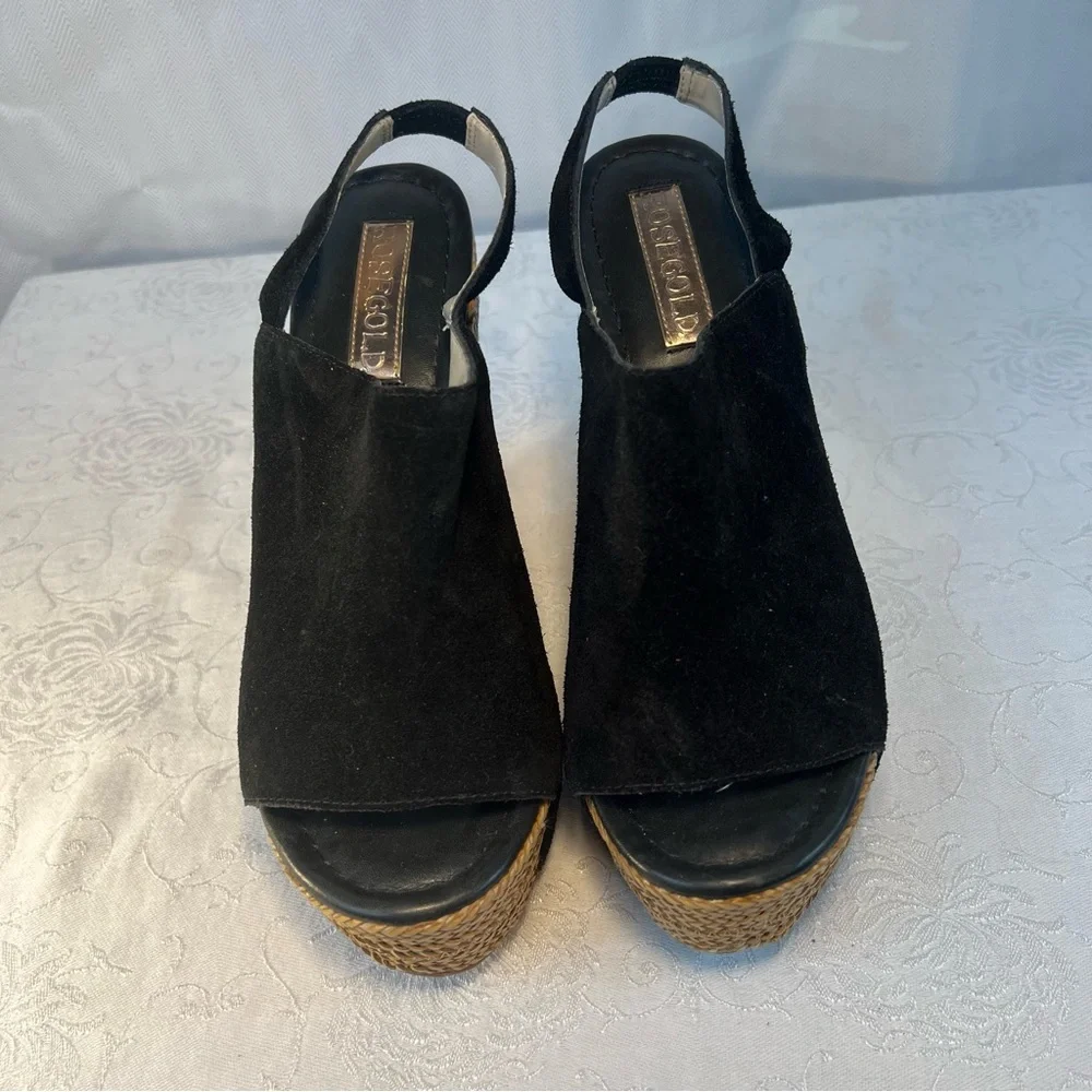 Rose Gold Shoes Lars Black Suede Peep Toe Woven 5” Wedge Heel Strap 37.5/7